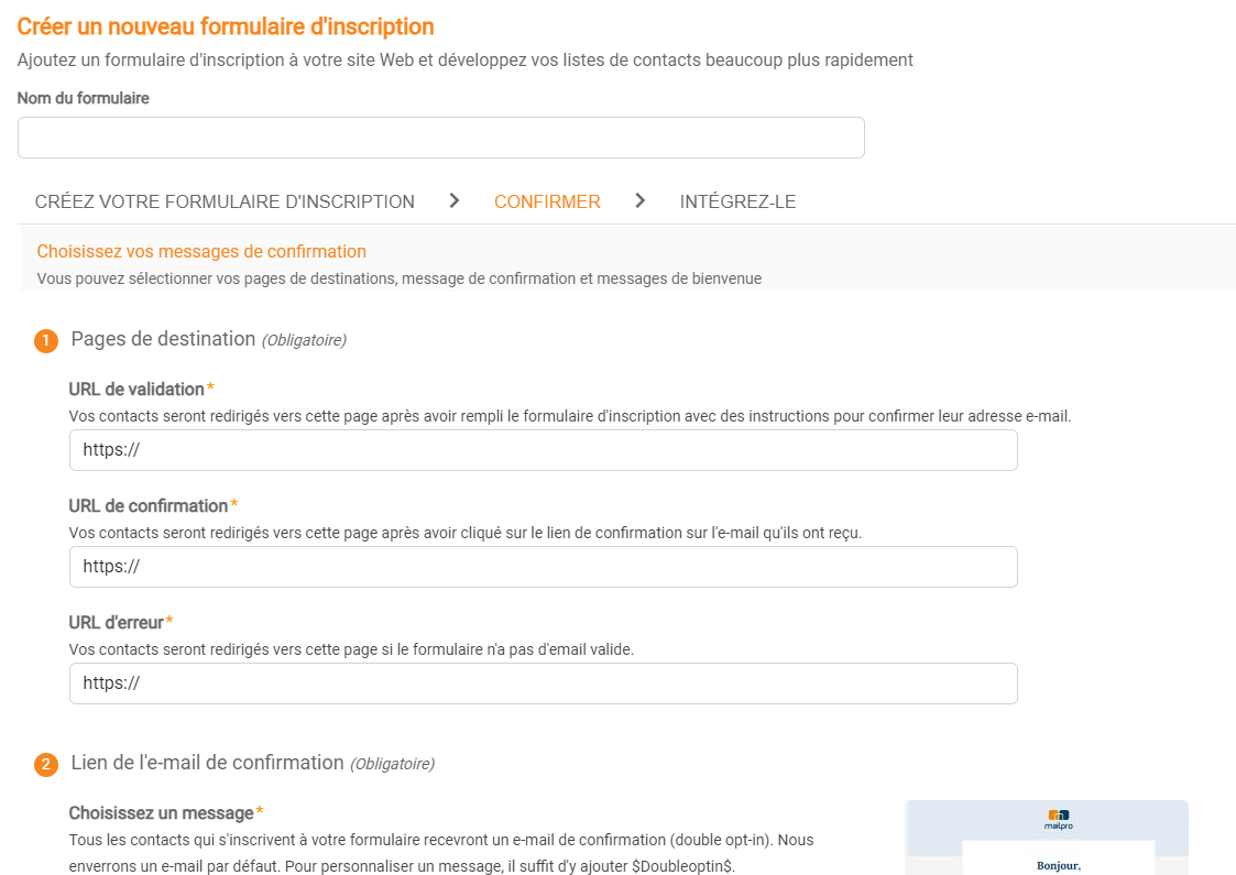 Configuration des paramètres et du double opt-in du formulaire