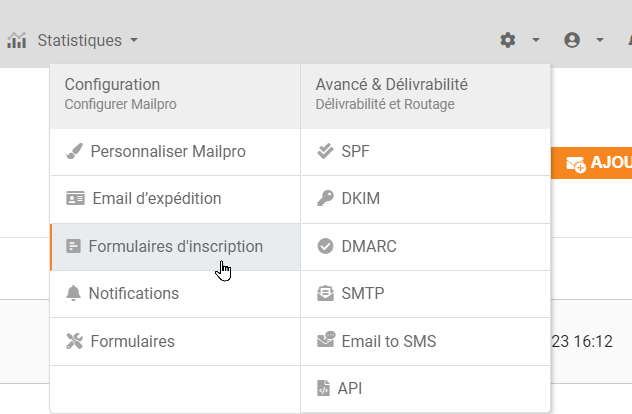 Accéder à l'onglet Formulaires d'inscription dans Mailpro