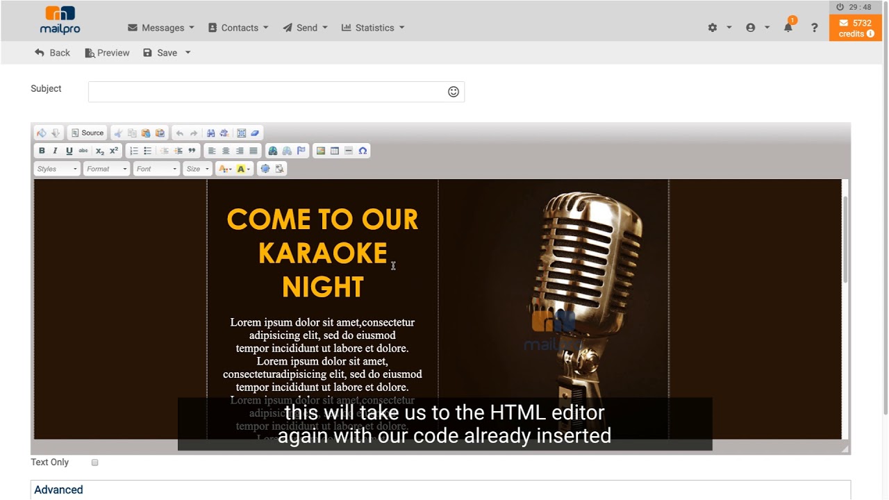 How to import or create your HTML message 