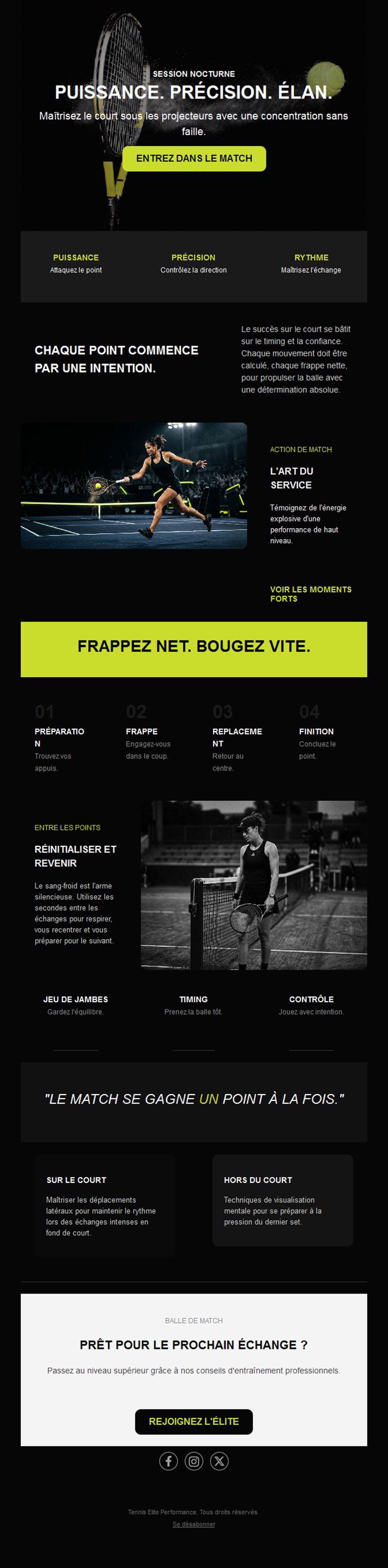 Email de match de tennis en nocturne