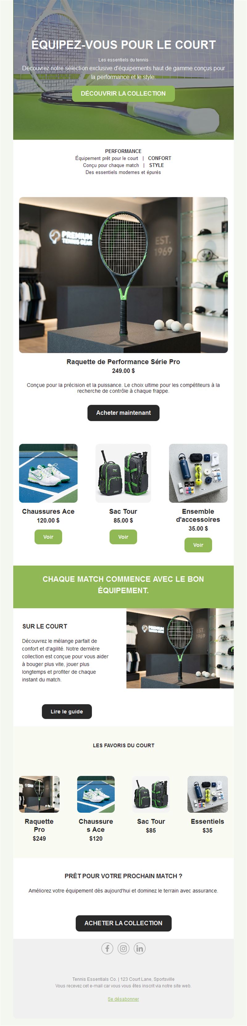 Email de boutique de matériel de tennis