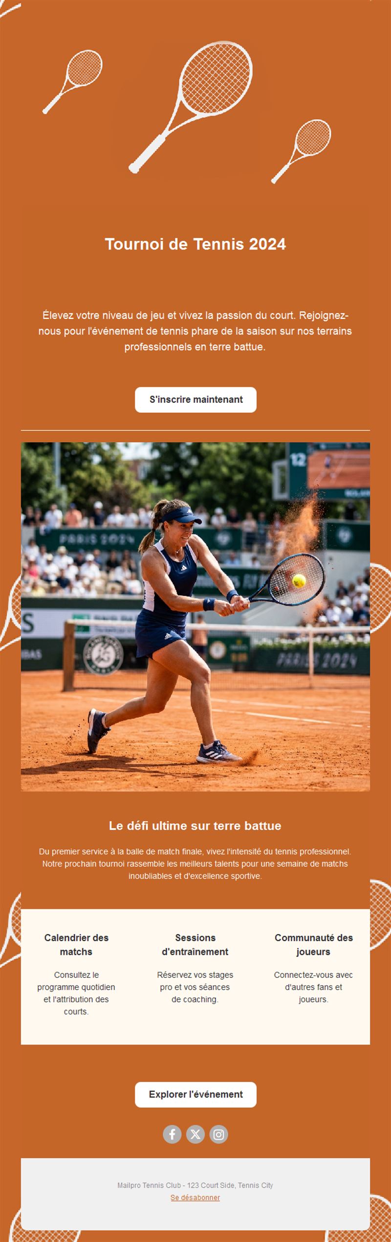 Email orange de tournoi sur terre battue