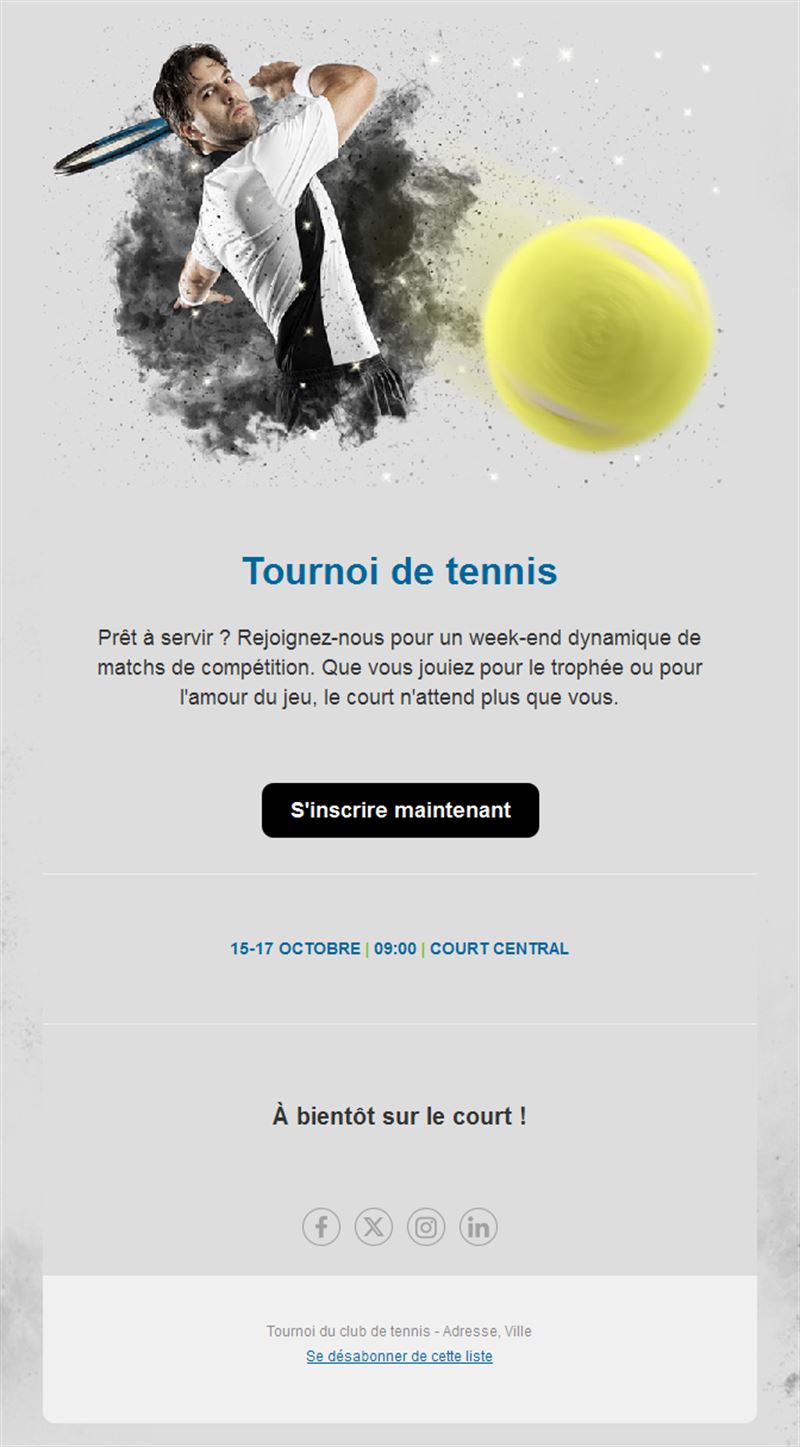 Email d'inscription à un tournoi de tennis