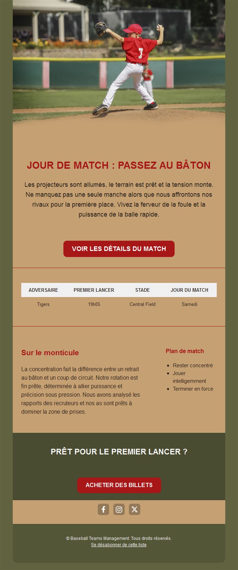 Email de billetterie pour match de baseball