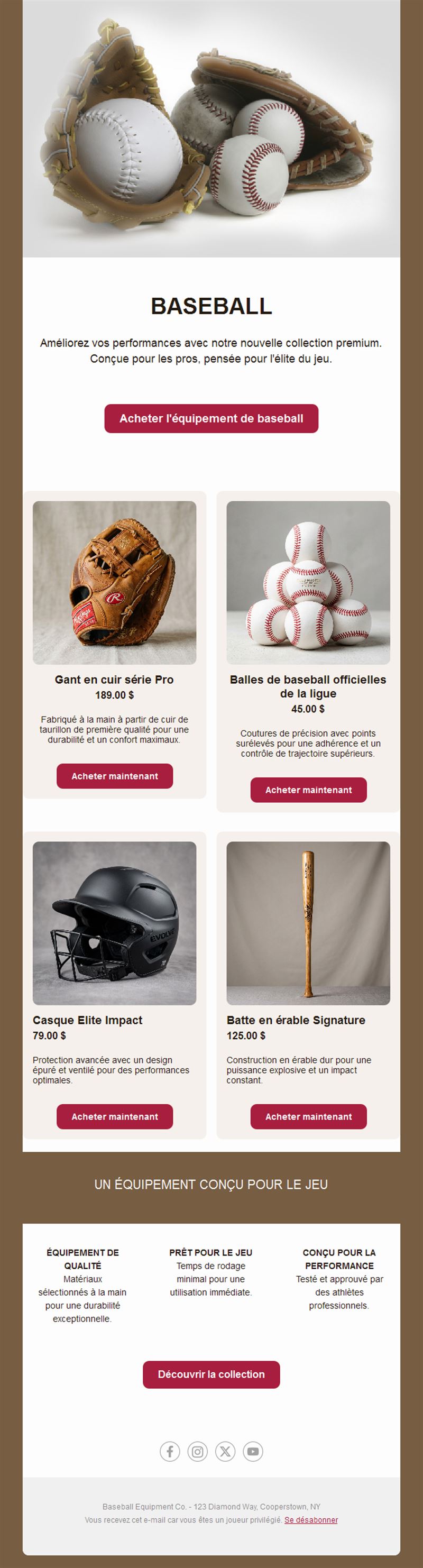 Email de boutique de matériel de baseball