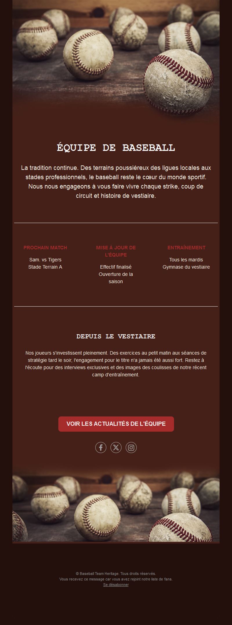 Email d'actualités d'équipe de baseball