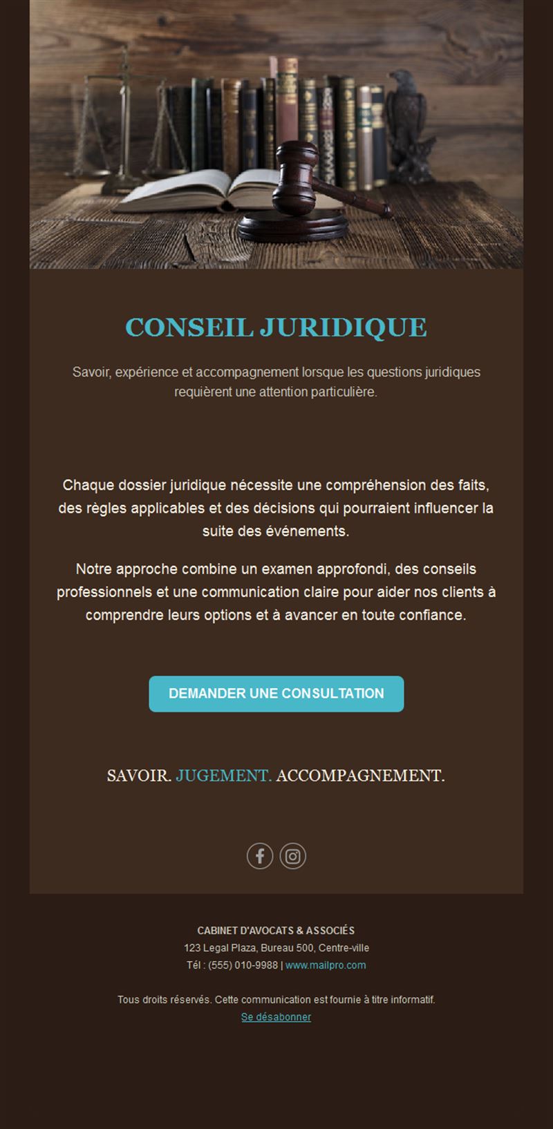 Email de conseil juridique bois foncé