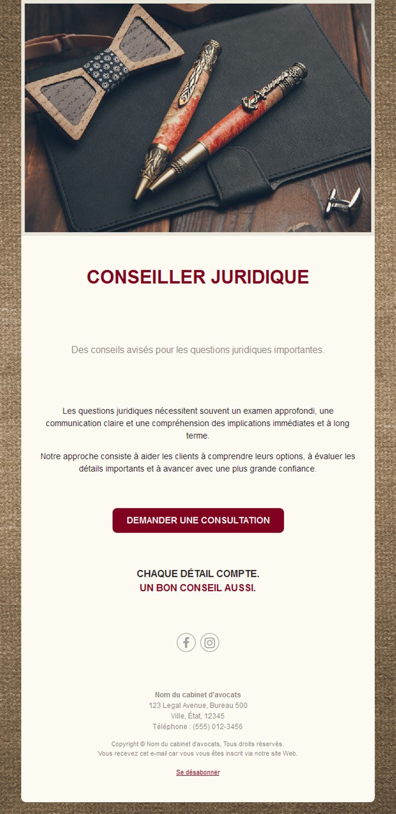 Email crème de conseil juridique
