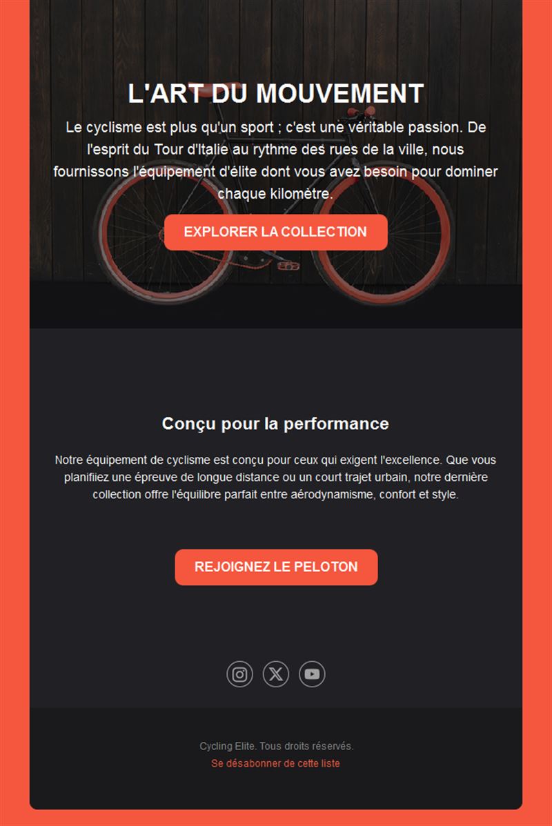 Email de collection d'équipement vélo