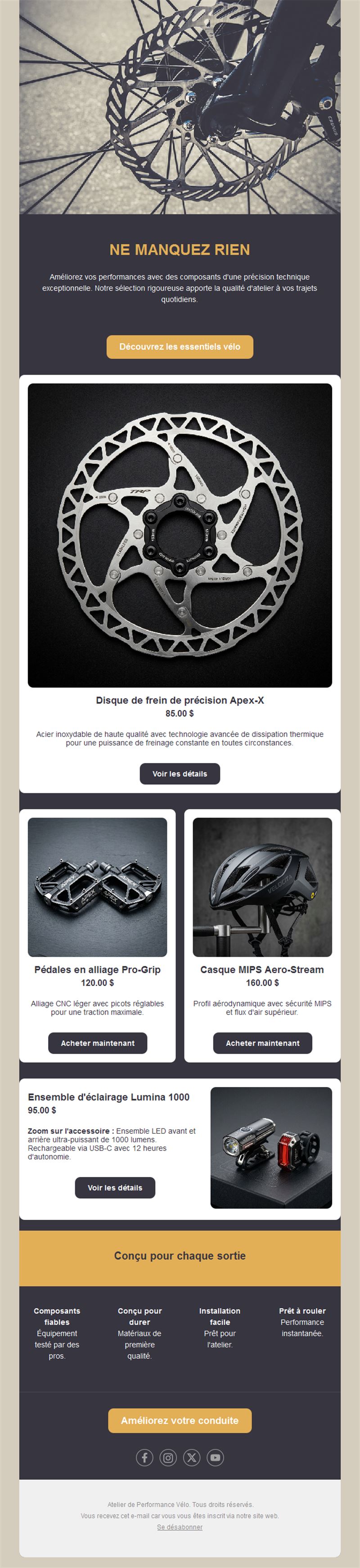 Email de boutique de pièces et composants vélo