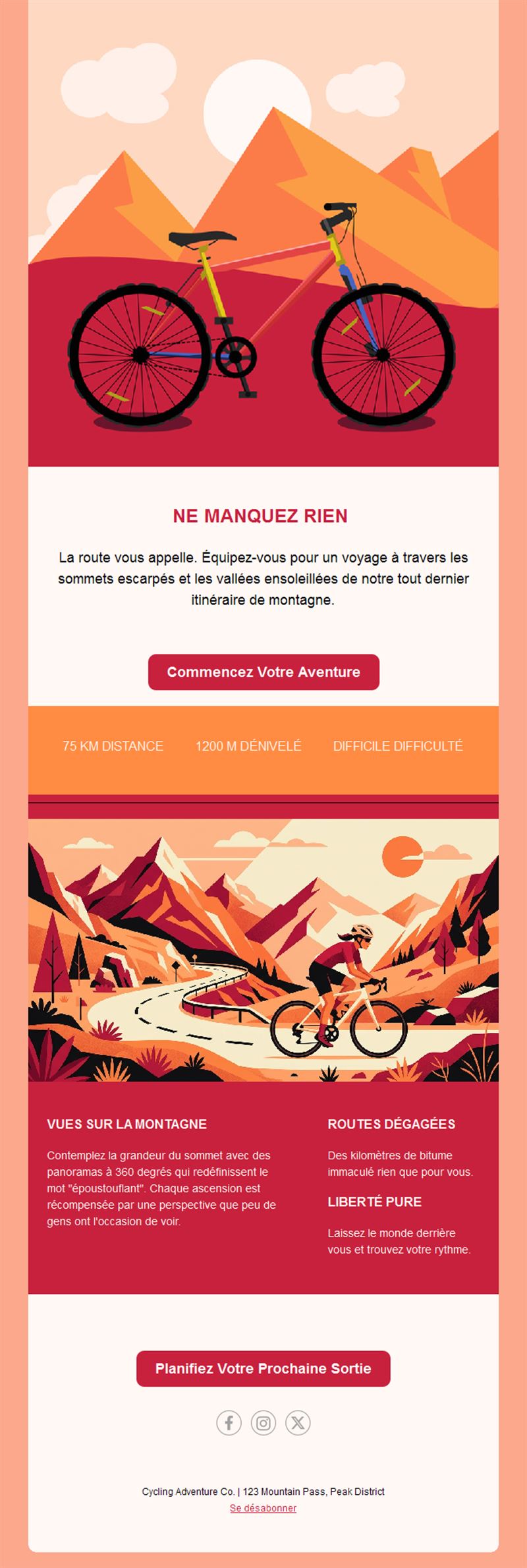 Email illustré d'aventure à vélo en montagne