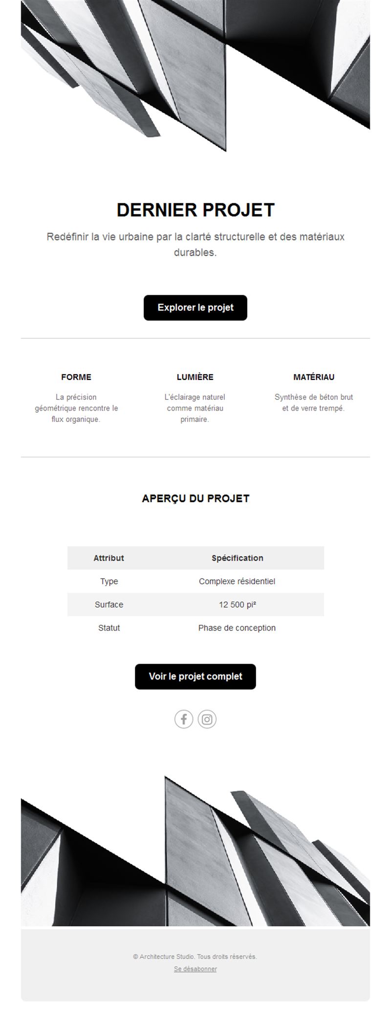 Email minimaliste de projet d'architecture