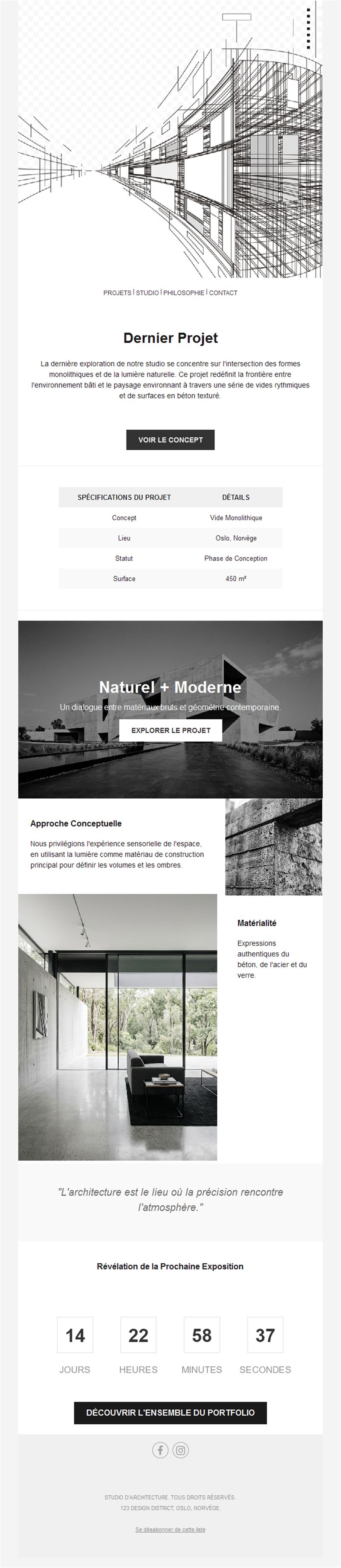 Email de projet d'architecture avec croquis