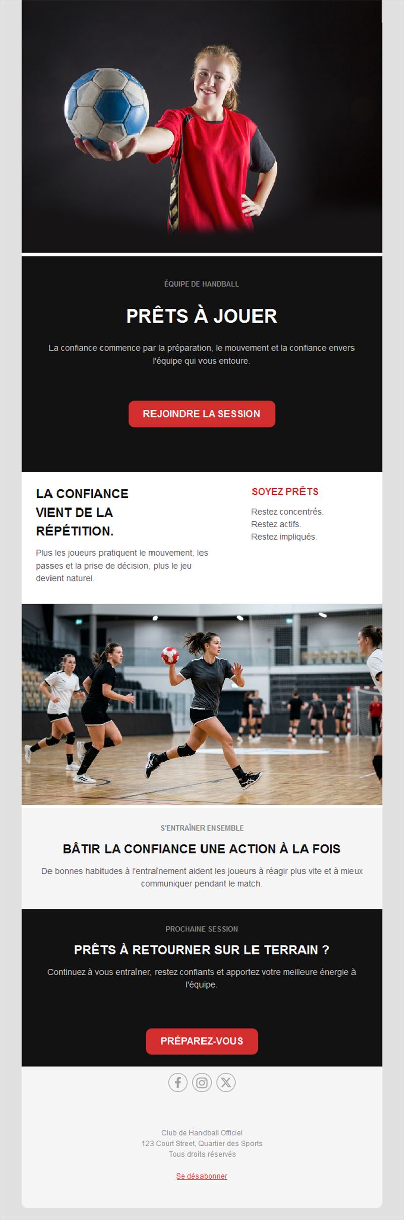 Email de séance d'entraînement de handball
