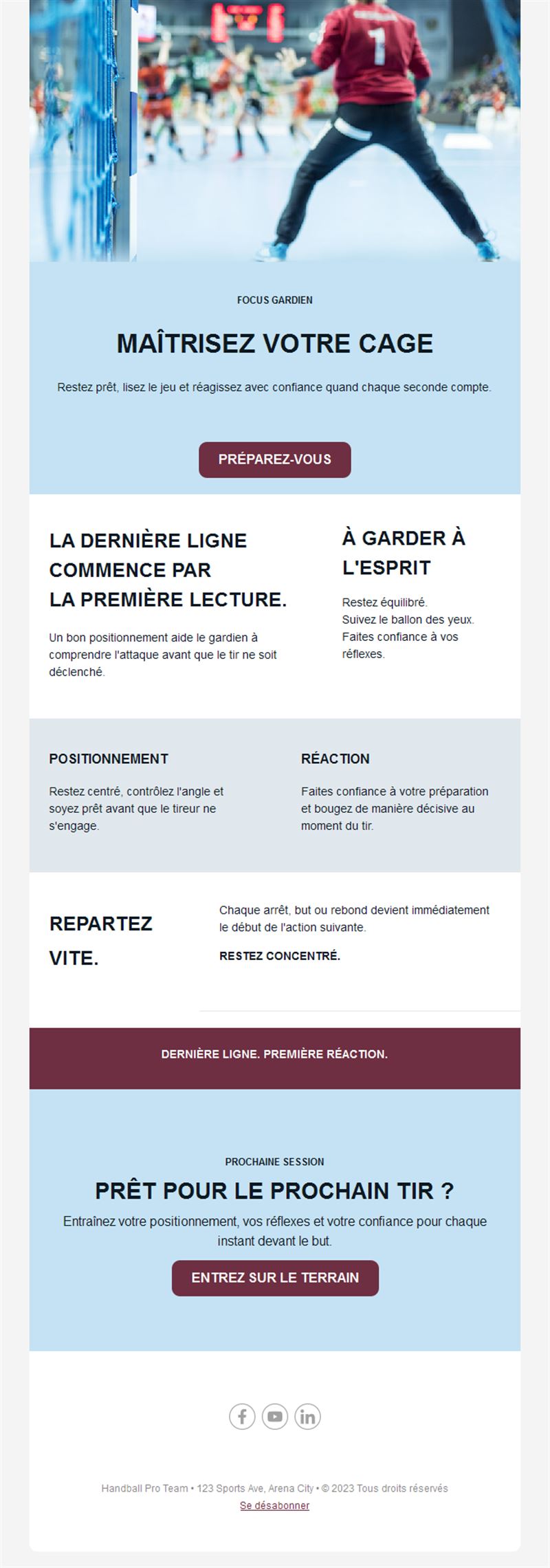 Email d'entraînement des gardiens de handball