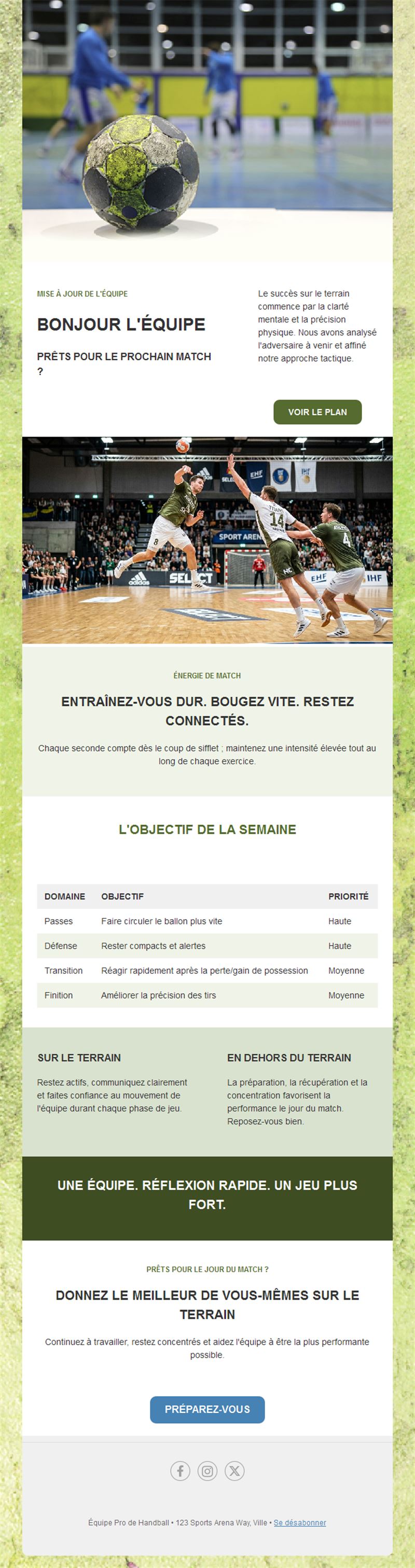 Email d'équipe de handball avec plan hebdo