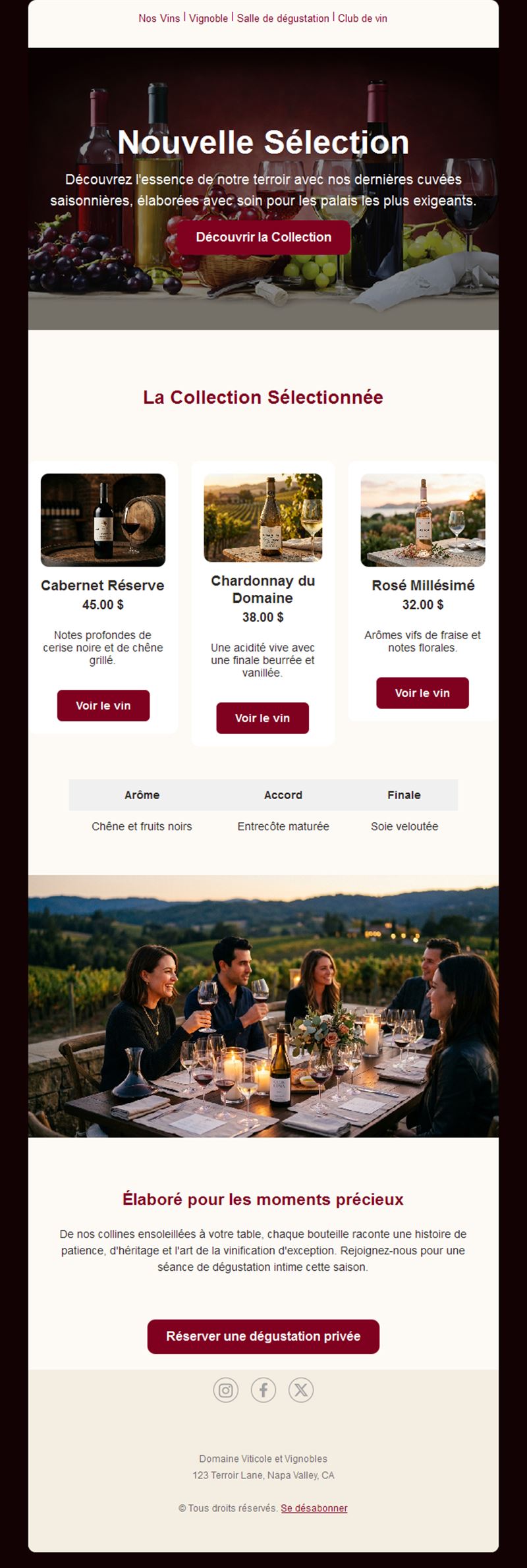 Email de collection de vins sélectionnés