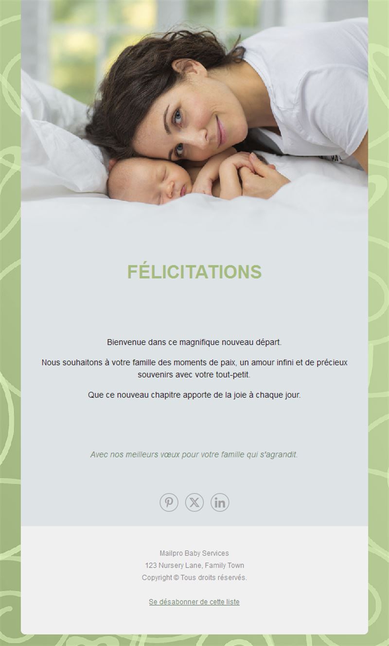 Email vert de félicitations pour une naissance