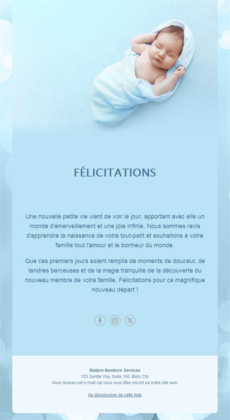 Email bleu de félicitations de naissance
