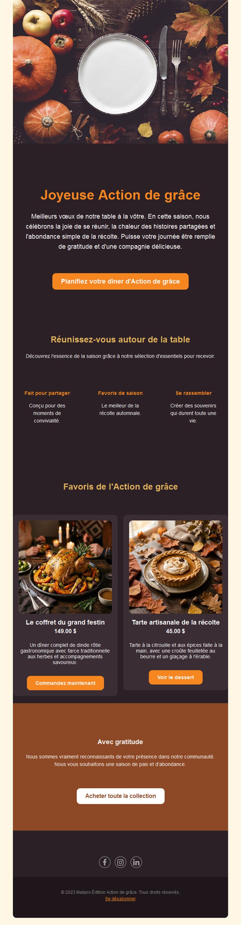 Email pour organiser le dîner de Thanksgiving