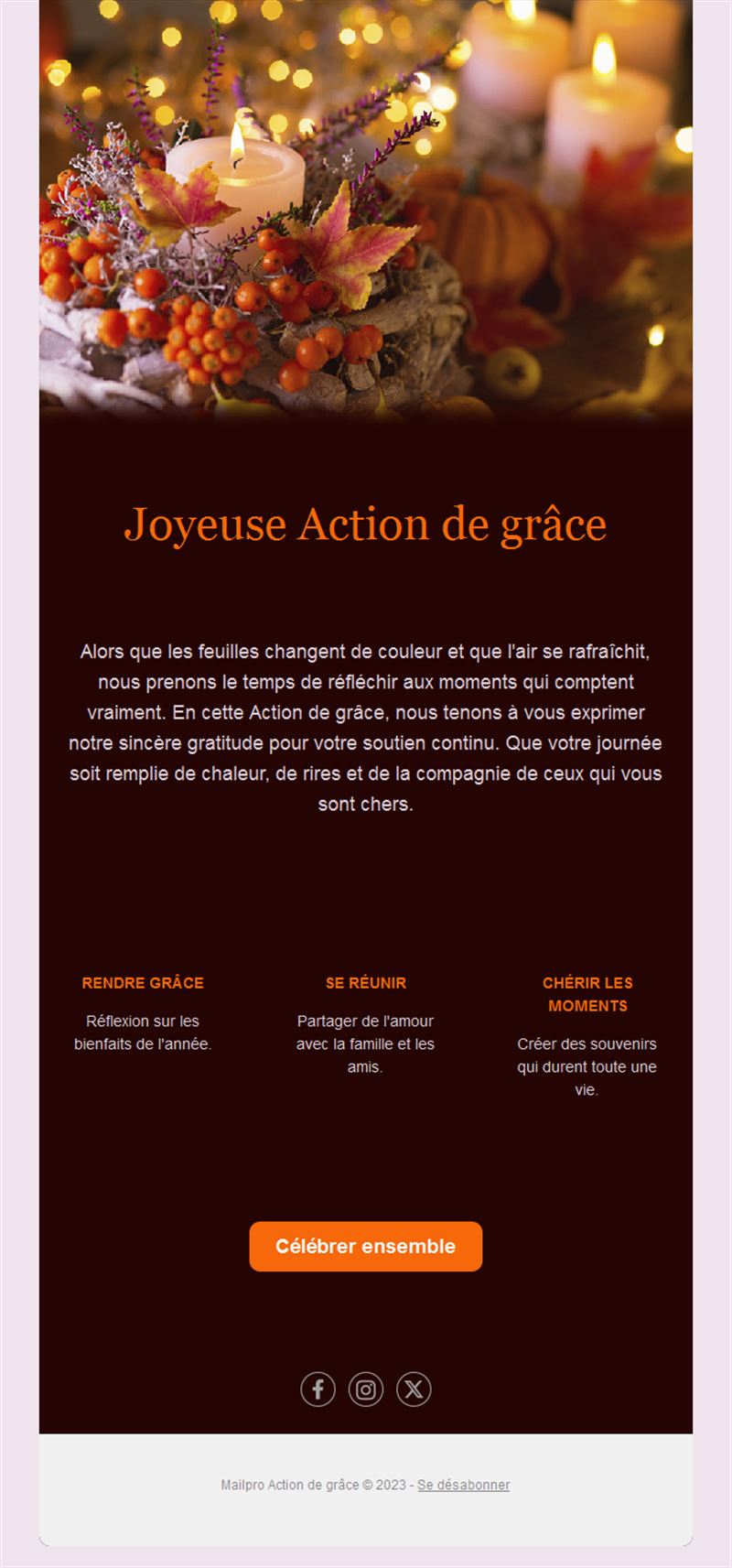 Email de Thanksgiving aux chandelles