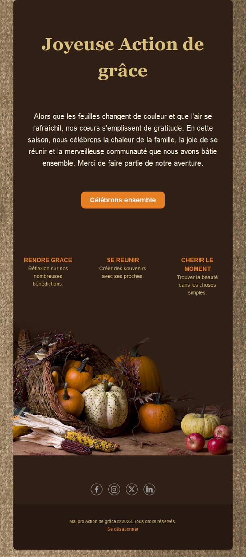 Email de Thanksgiving avec corne d'abondance