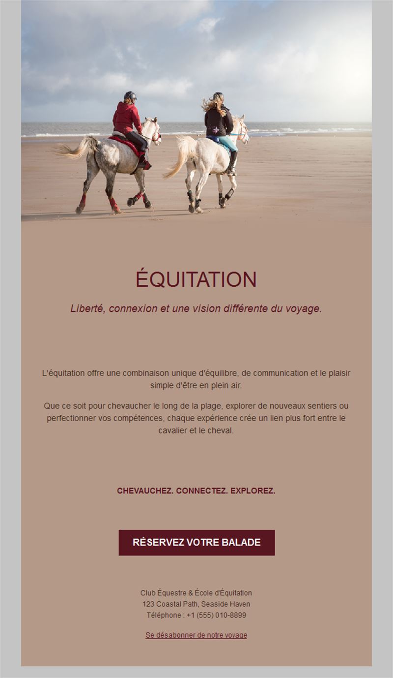 Email de balade à cheval sur la plage