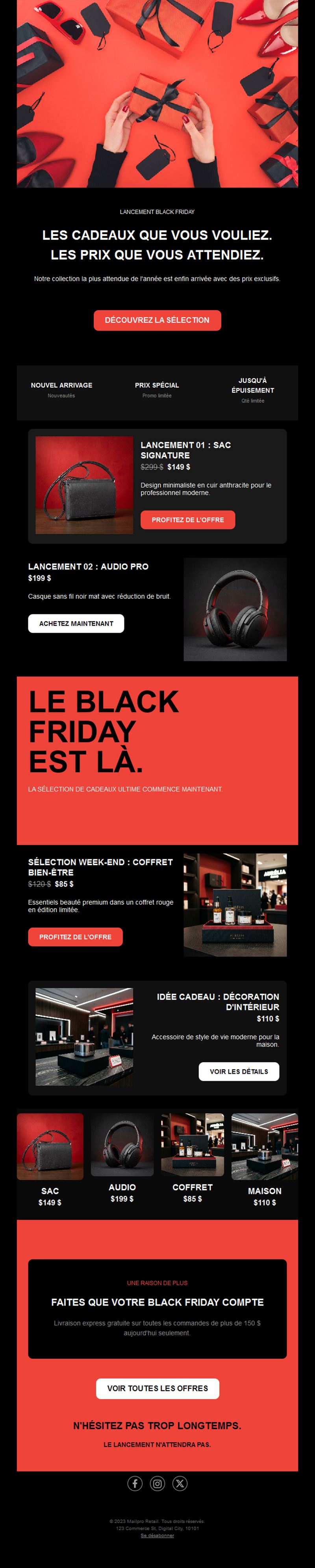 Email rouge de cadeaux et offres Black Friday