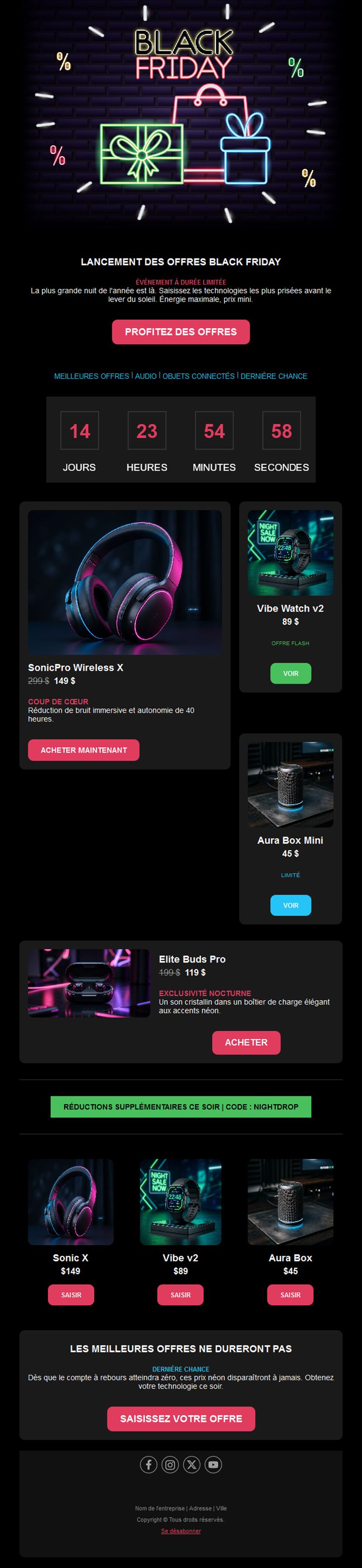 Email néon de bons plans high-tech Black Friday