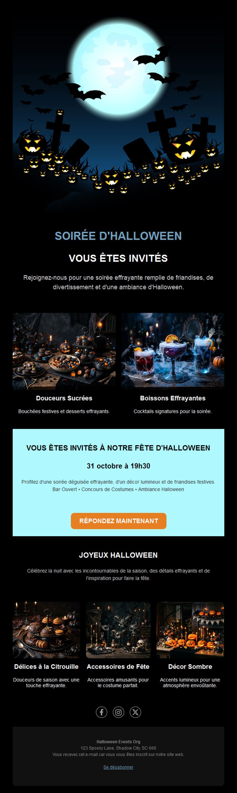 Modèle d'email soirée Halloween avec menu