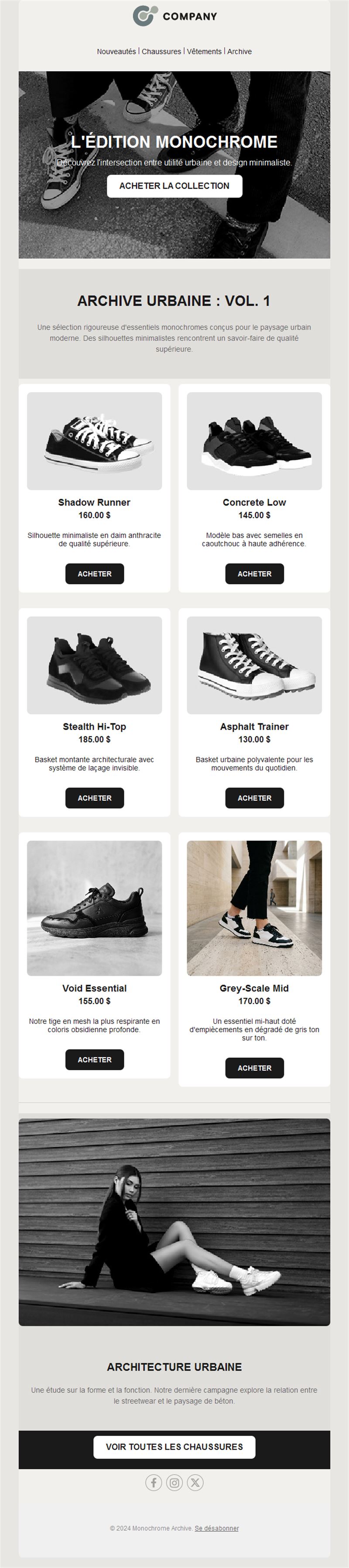 Email de lancement de sneakers avec produits