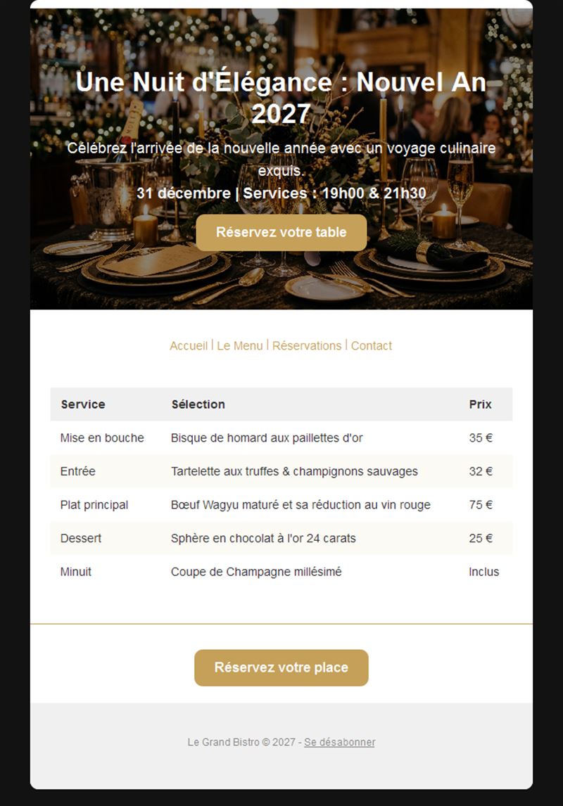 Invitation email au dîner du réveillon 2027