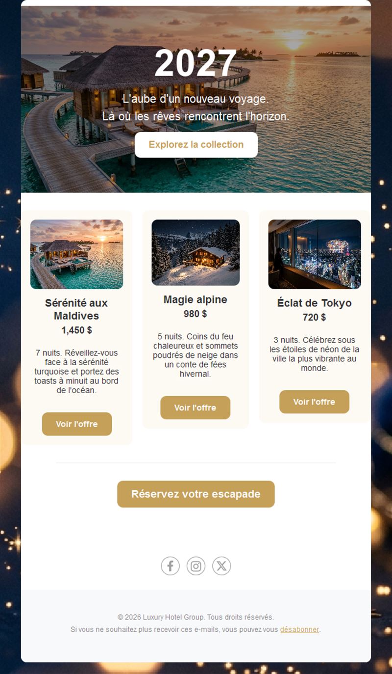 Modèle d'email escapades du Nouvel An 2027