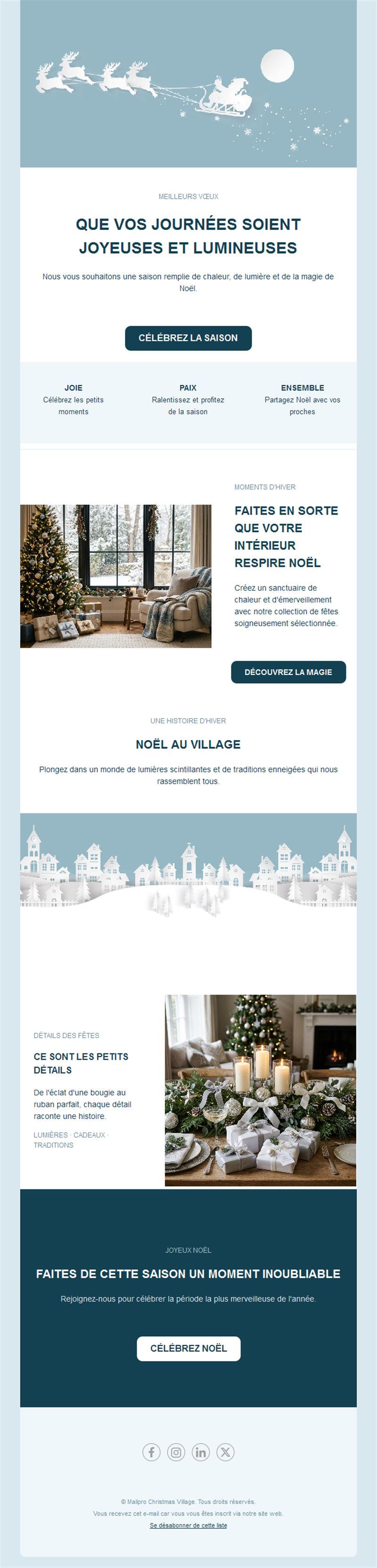 Email de vœux de Noël avec village enneigé
