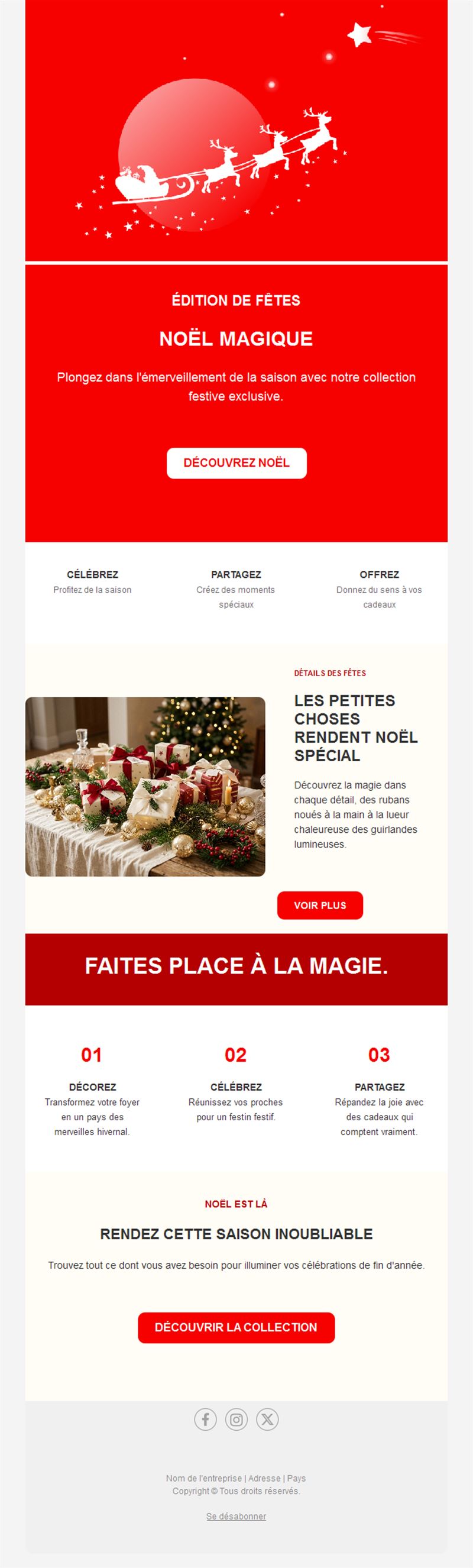Email de Noël rouge avec traîneau du père Noël