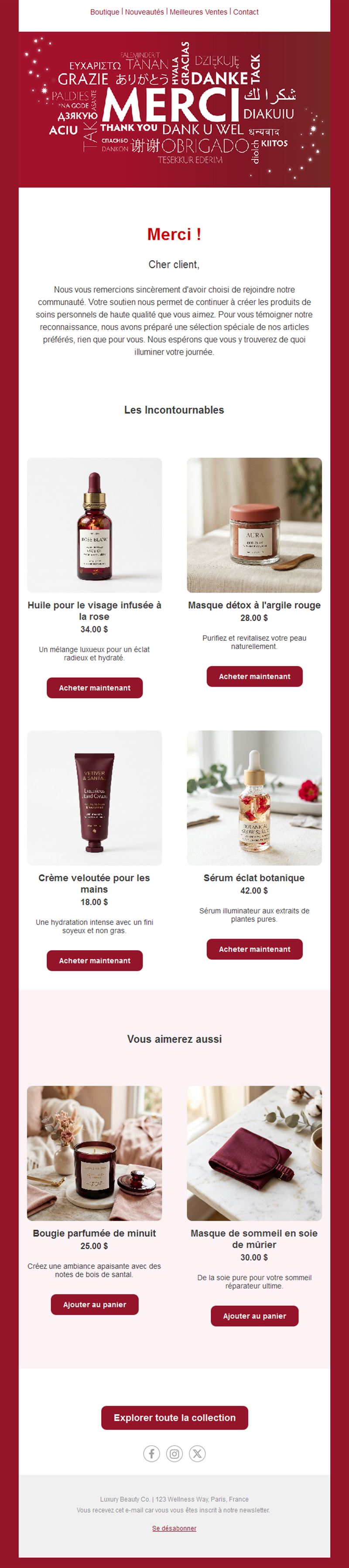 Email de remerciement avec produits recommandés