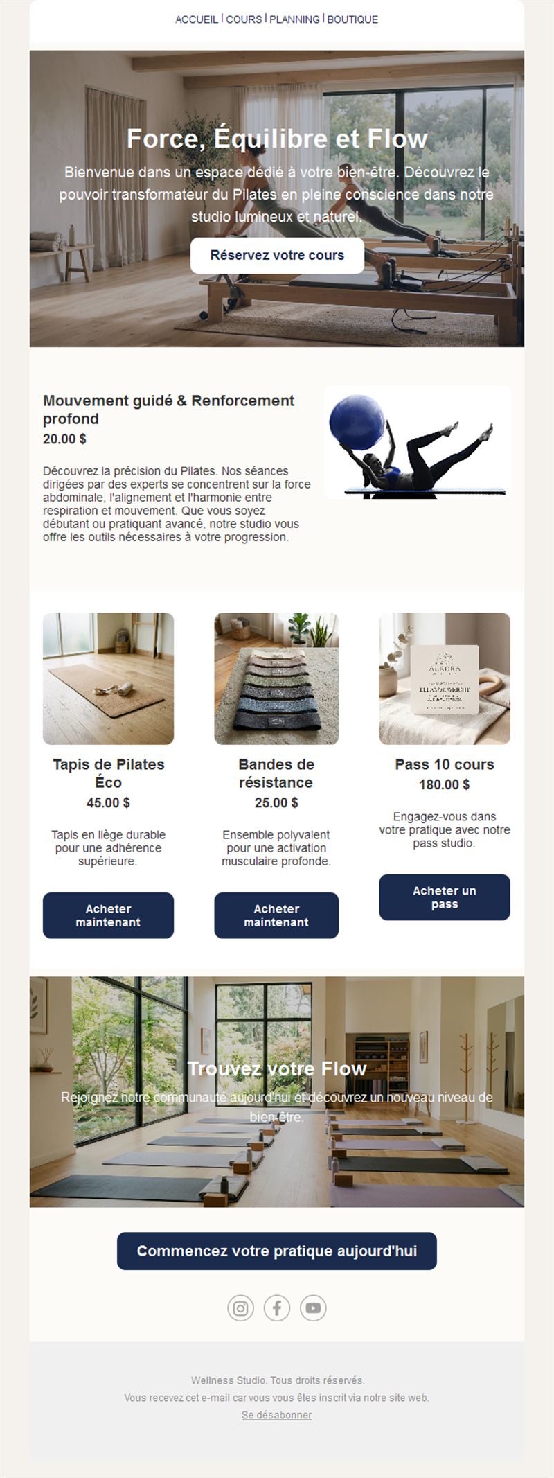 Email cours et boutique de studio de Pilates