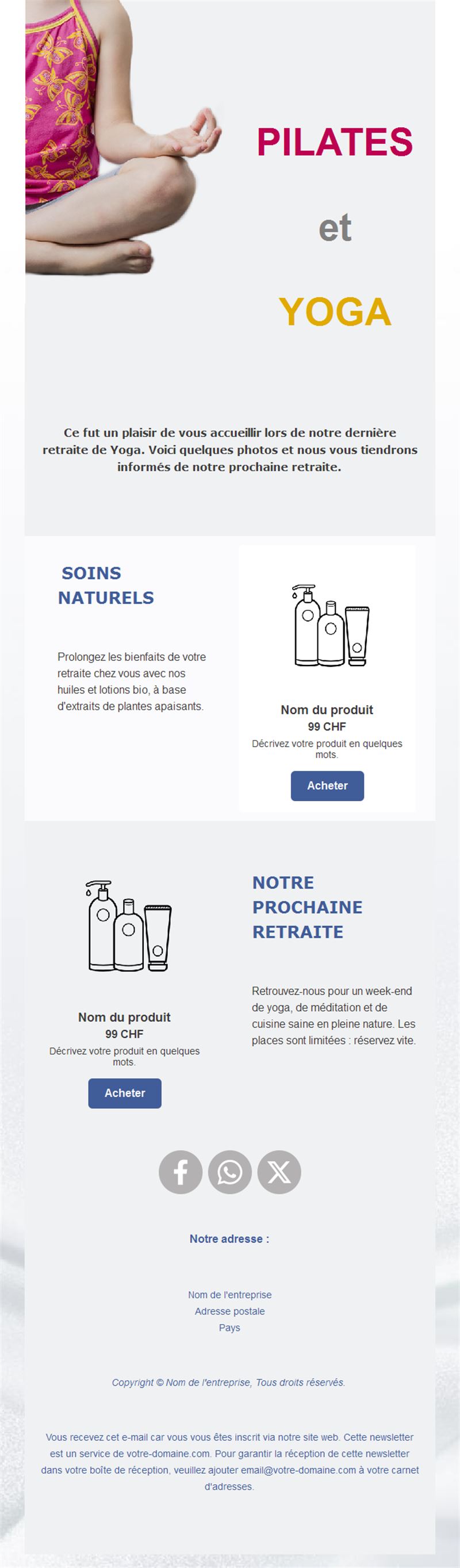 Email de produits de retraite de yoga