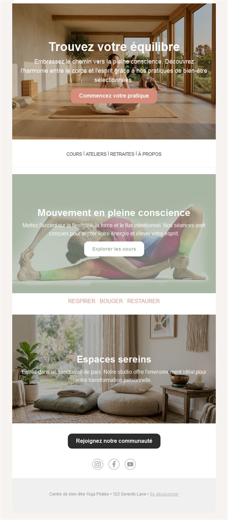 Email de retraites et ateliers de yoga