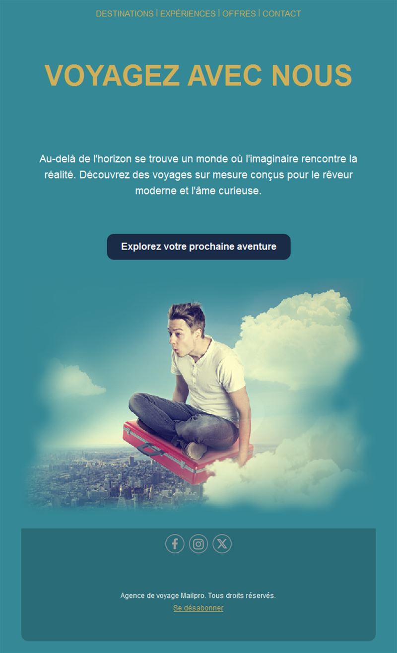Email bleu canard d'inspiration voyage