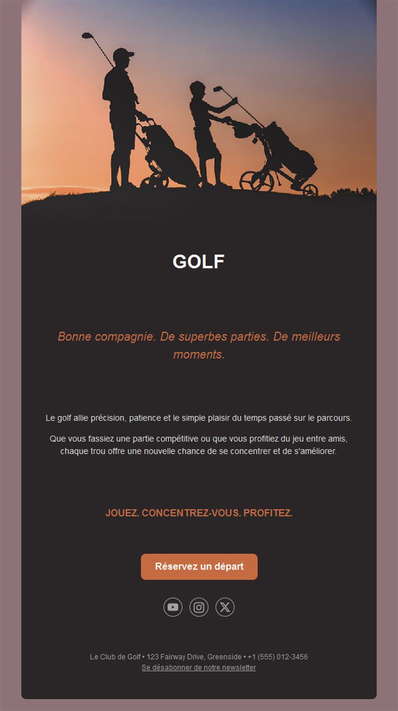 Email de golf entre amis avec réservation