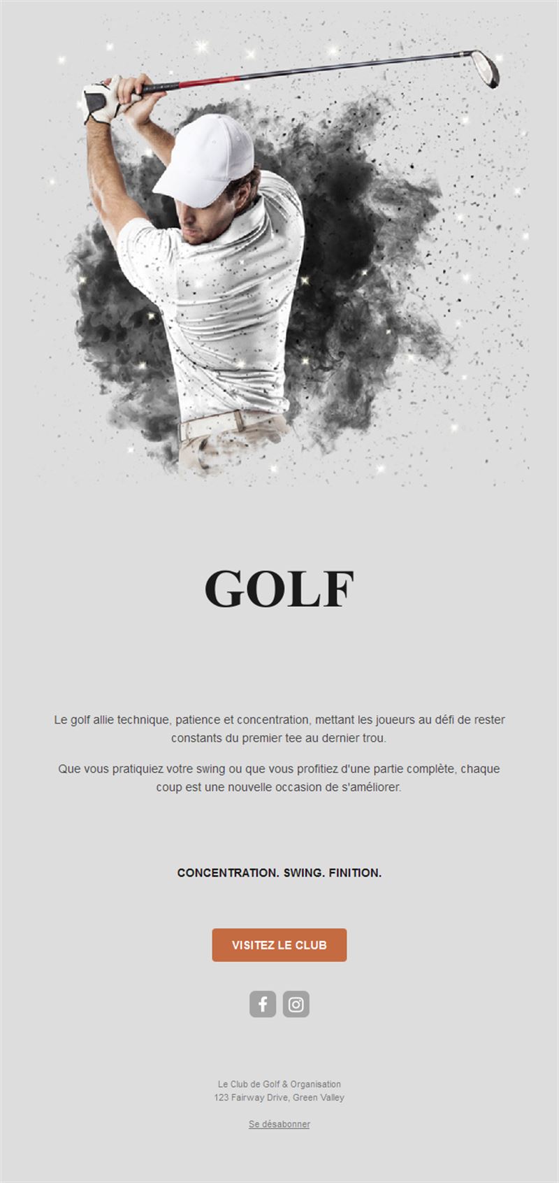 Email gris de club de golf avec golfeur