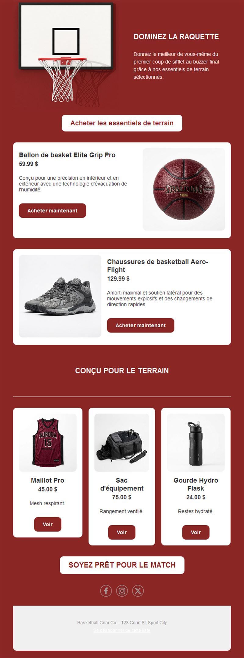 Email rouge de boutique de basket