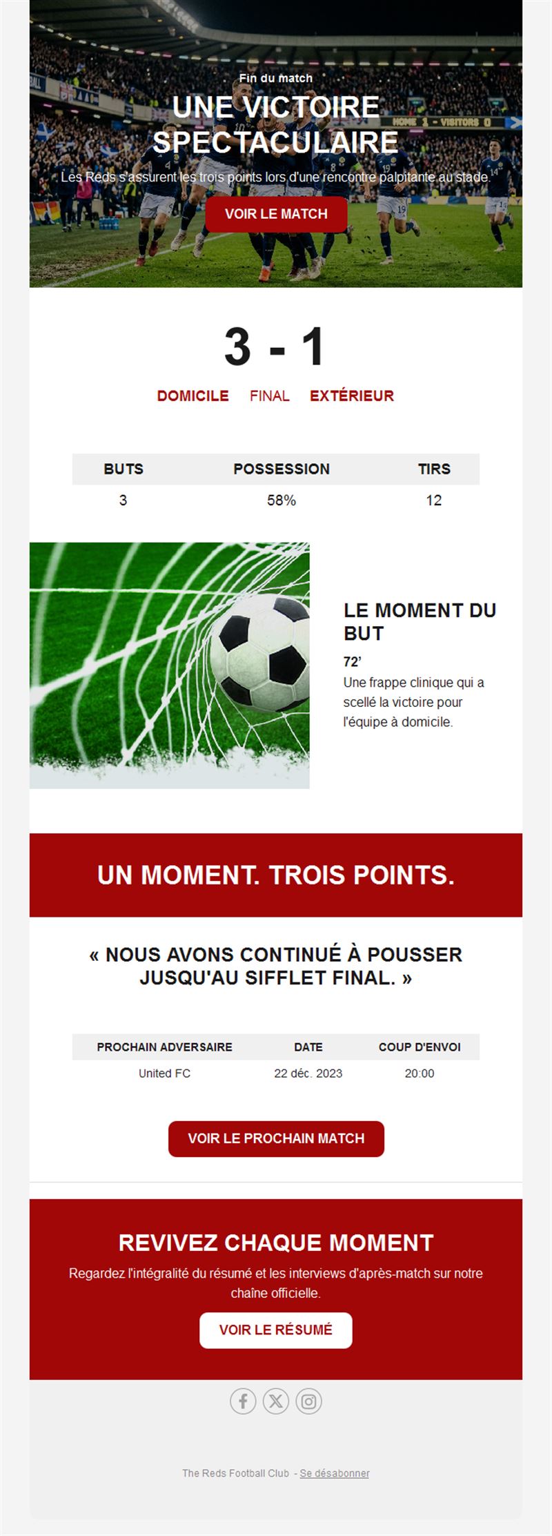 Email de résultat de match de football