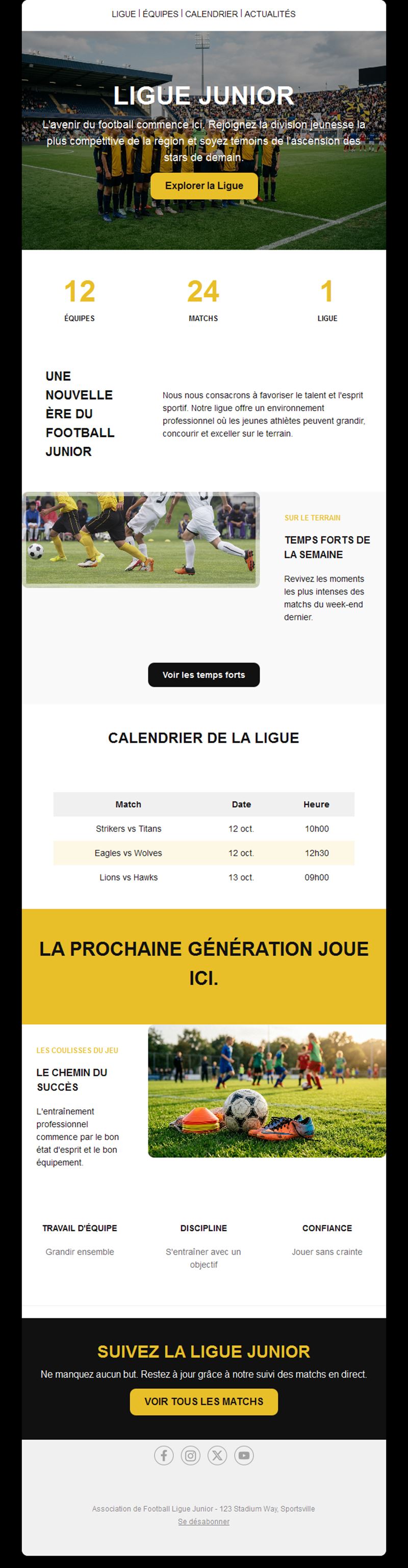 Email de championnat de football junior