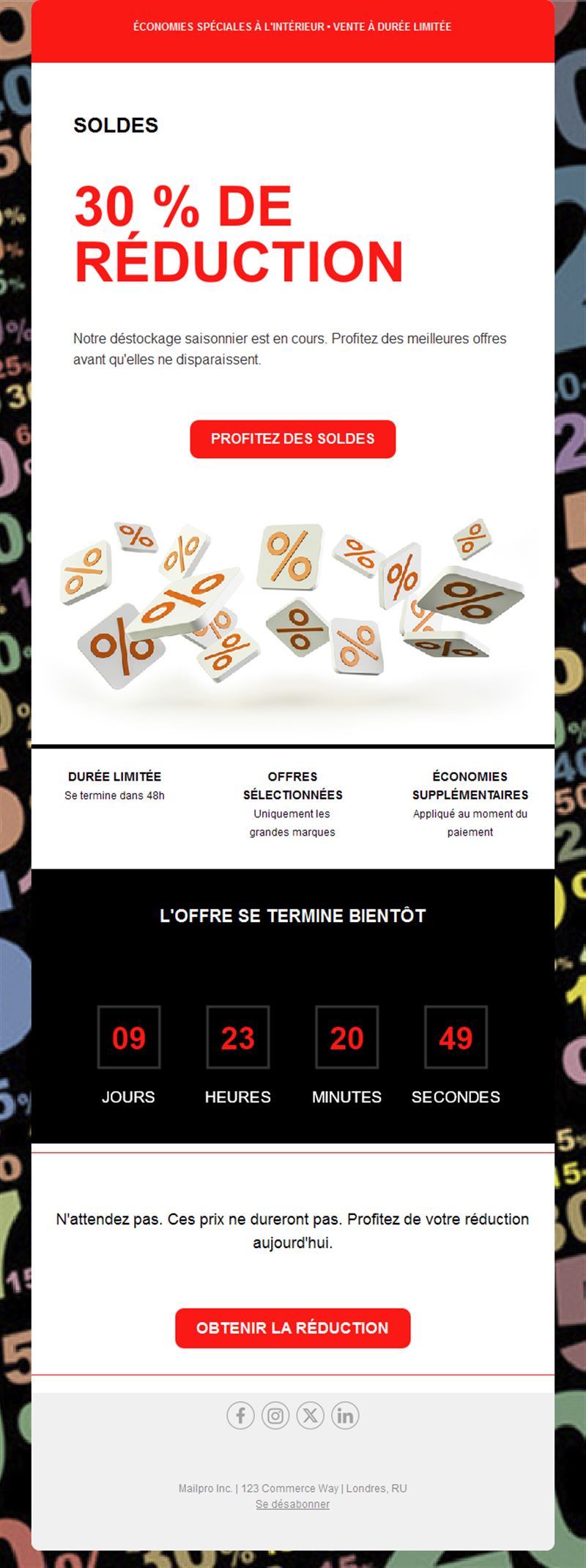 Email de soldes -30% avec compte à rebours