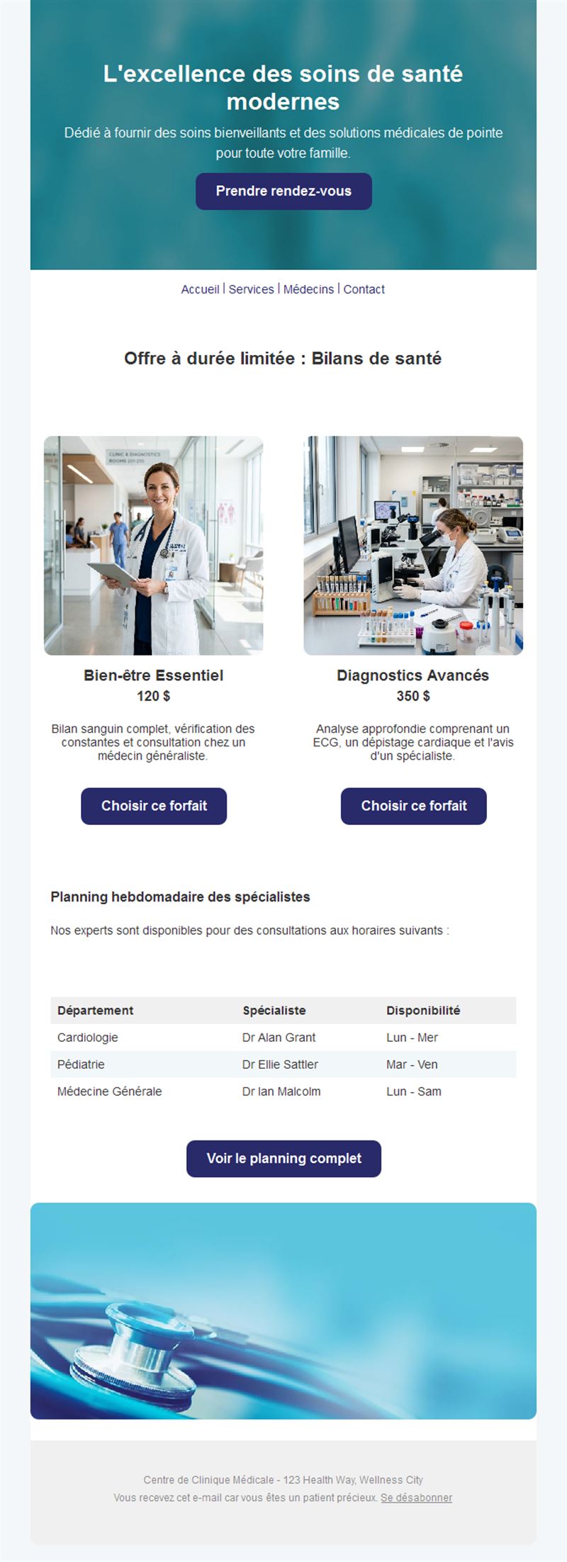 Email d'offre de bilan de santé