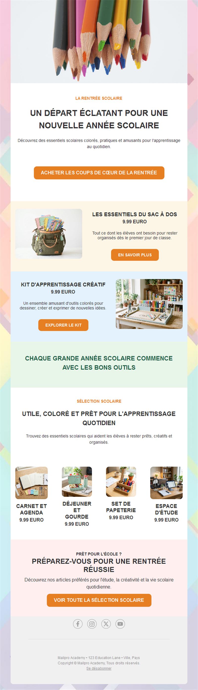Email de boutique de fournitures scolaires