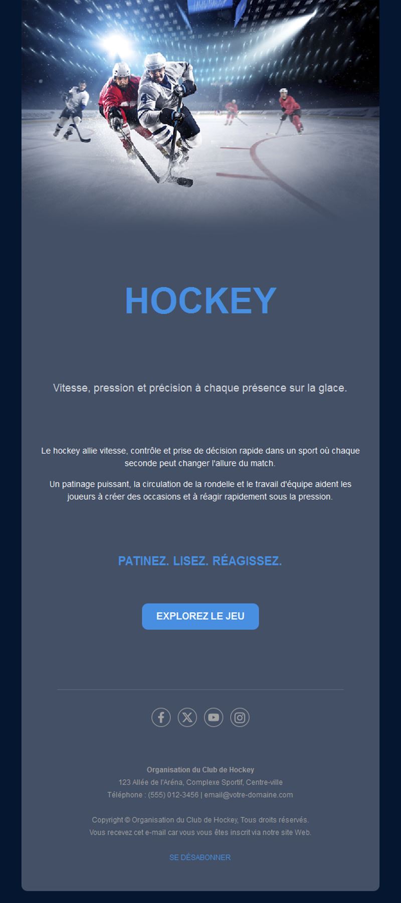 Email bleu marine de match de hockey