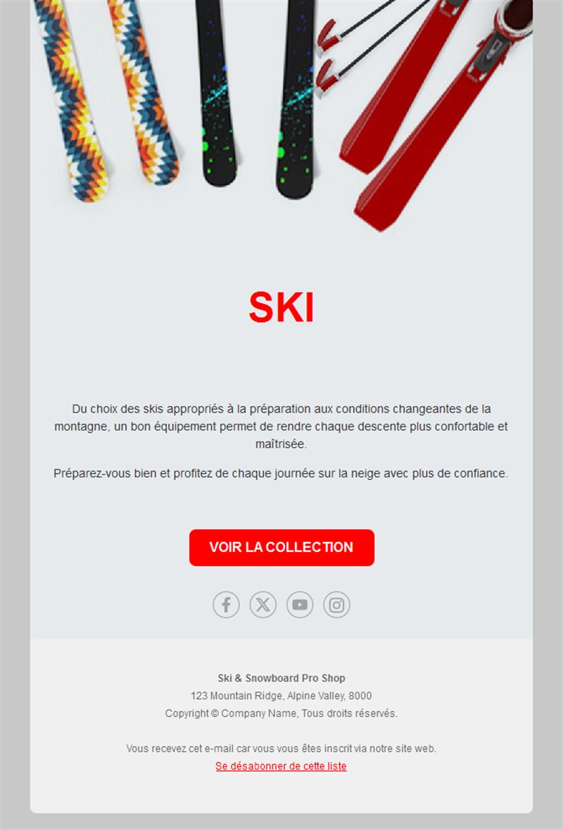 Email de magasin de ski